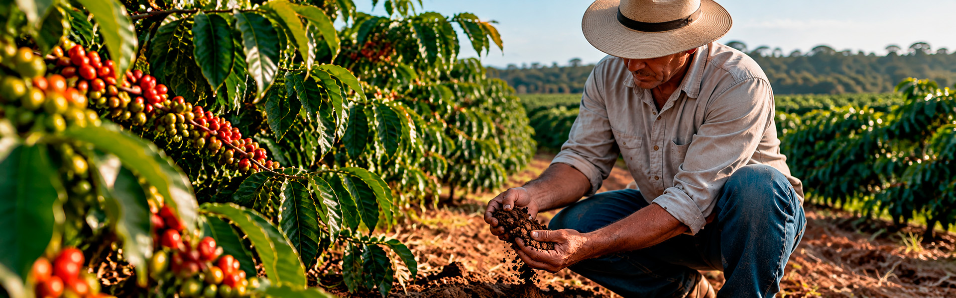 Produtor analisando o solo em uma lavoura de café conilon